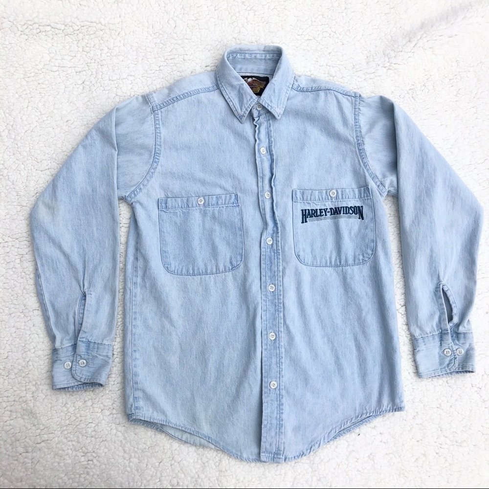 Vintage Harley Davidson Chambray Denim Button Up Long Sleeve Shirt